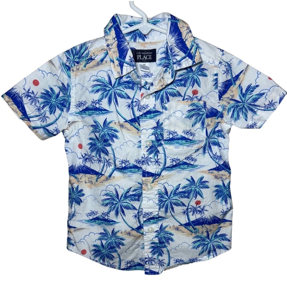 The Childrens Place Boys 3T Tropical Palm Tree Island Print Button Down Shirt